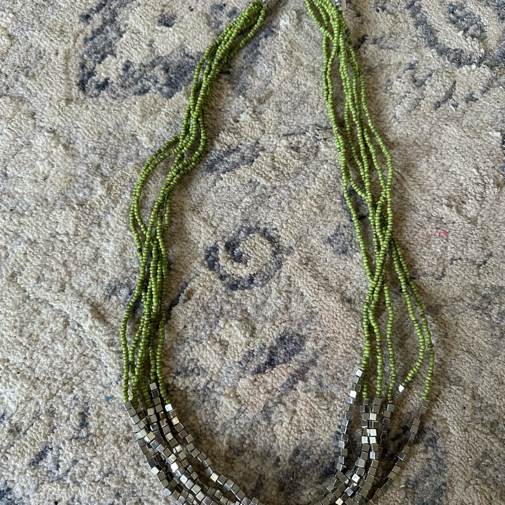 Elegant Green and Silver Beaded Statement Necklace, Made in Indonesia